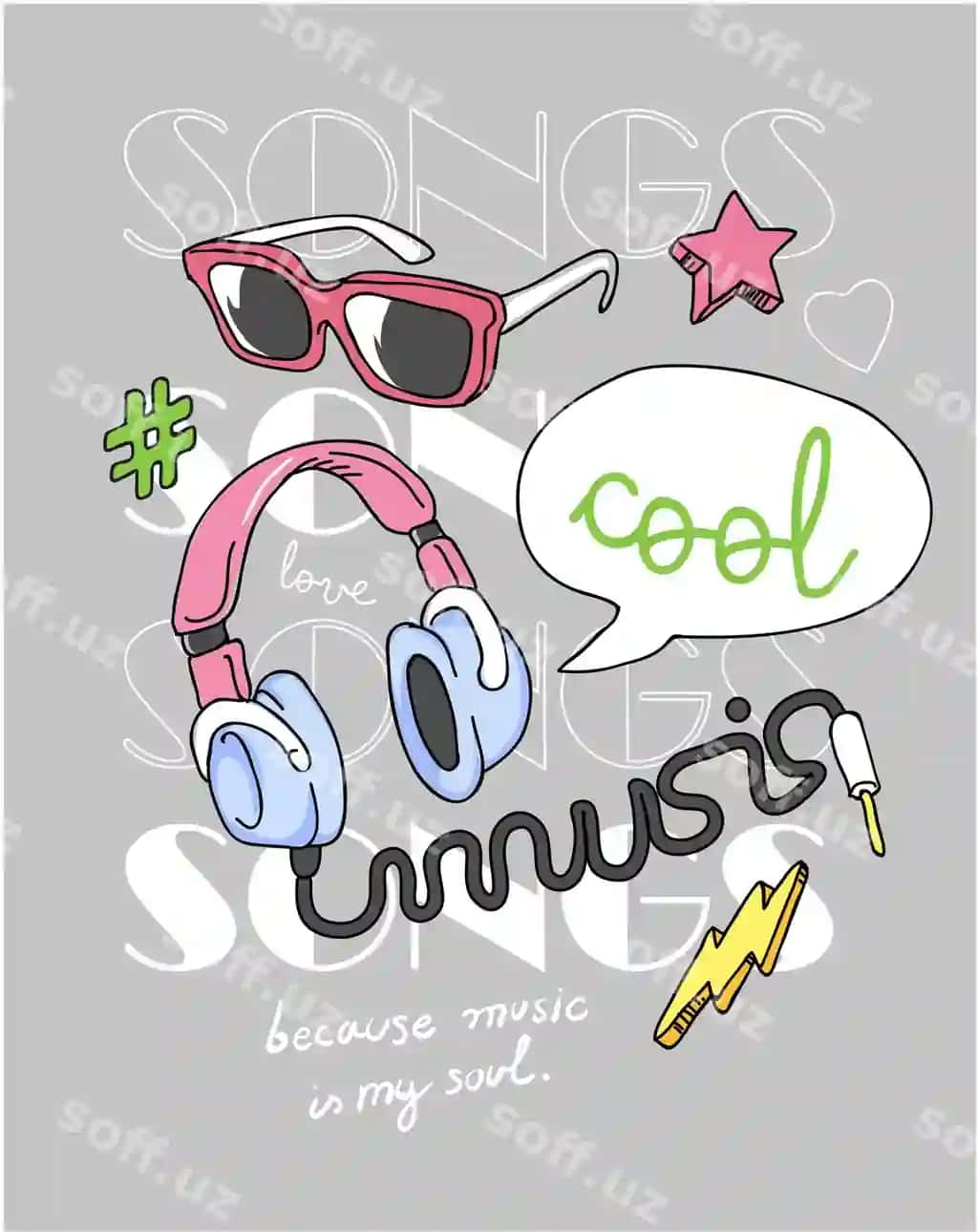 Musiqa slogani quyosh ko'zlari va headphone illustratsiyasi | Music slogan with sun glasses headphone illustration