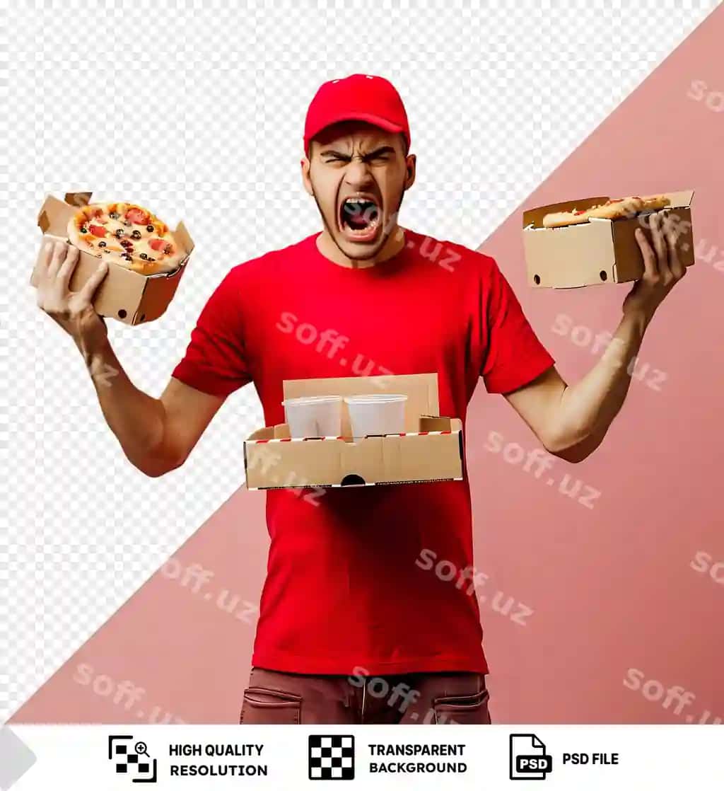 Ajoyib yetkazib beruvchi xodimi qizil qalpoqli bo'sh futbolka formasini ushlab | Awesome delivery man employee red cap blank tshirt uniform holding