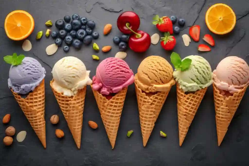 Yangi uzilgan mevalar va yong'oqlar bilan turli xil muzqaymoq ta'mlari konuslari | Assorted ice cream flavors cones with fresh berries nuts