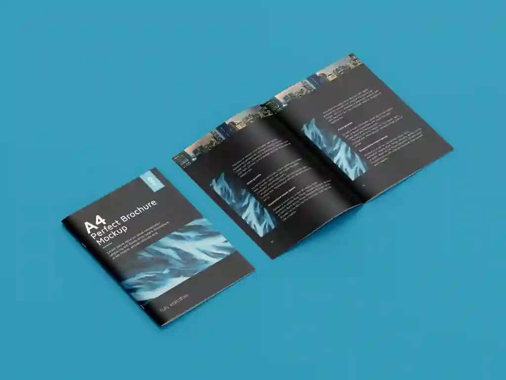 A4 mukammal broshyura maketi ko'k sirt | A4 perfect brochure mockup blue surface