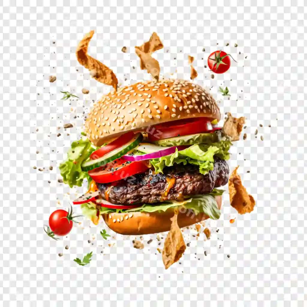 Yangi mol go'shti burgeri shaffof fon orqali o'tkazuvchi | Fresh beef burger isolated transparent background