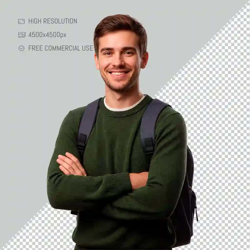 Xalta ko'targan baxtli yigit qo'llarini chalishtirdi zamonaviy talaba turmush tarzi | Happy young man with backpack crossed arms modern student lifestyle