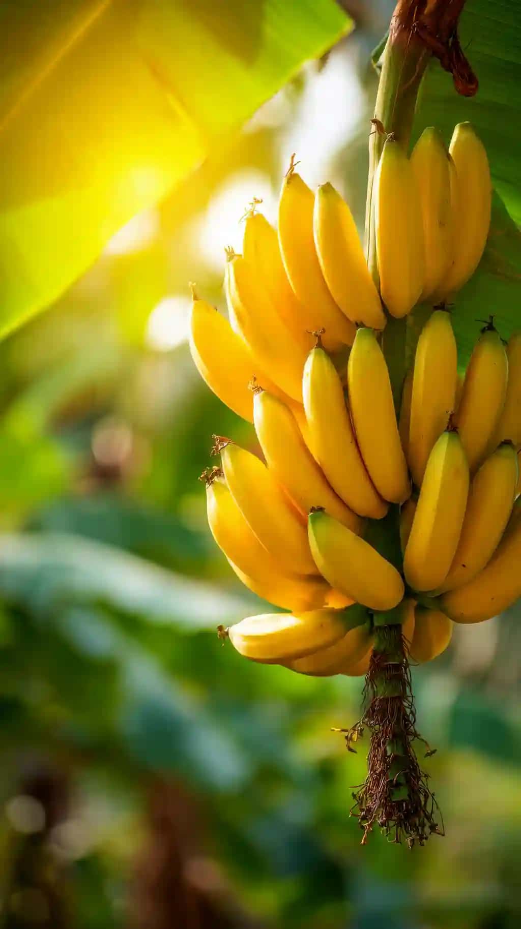 Tropik banan daraxtining yam-yashil qishloq xo'jaligi daraxtidan osilgan jonli pishgan sariq bananlar | Vibrant bunch ripe yellow bananas hanging from tropical banana tree lush agricultural