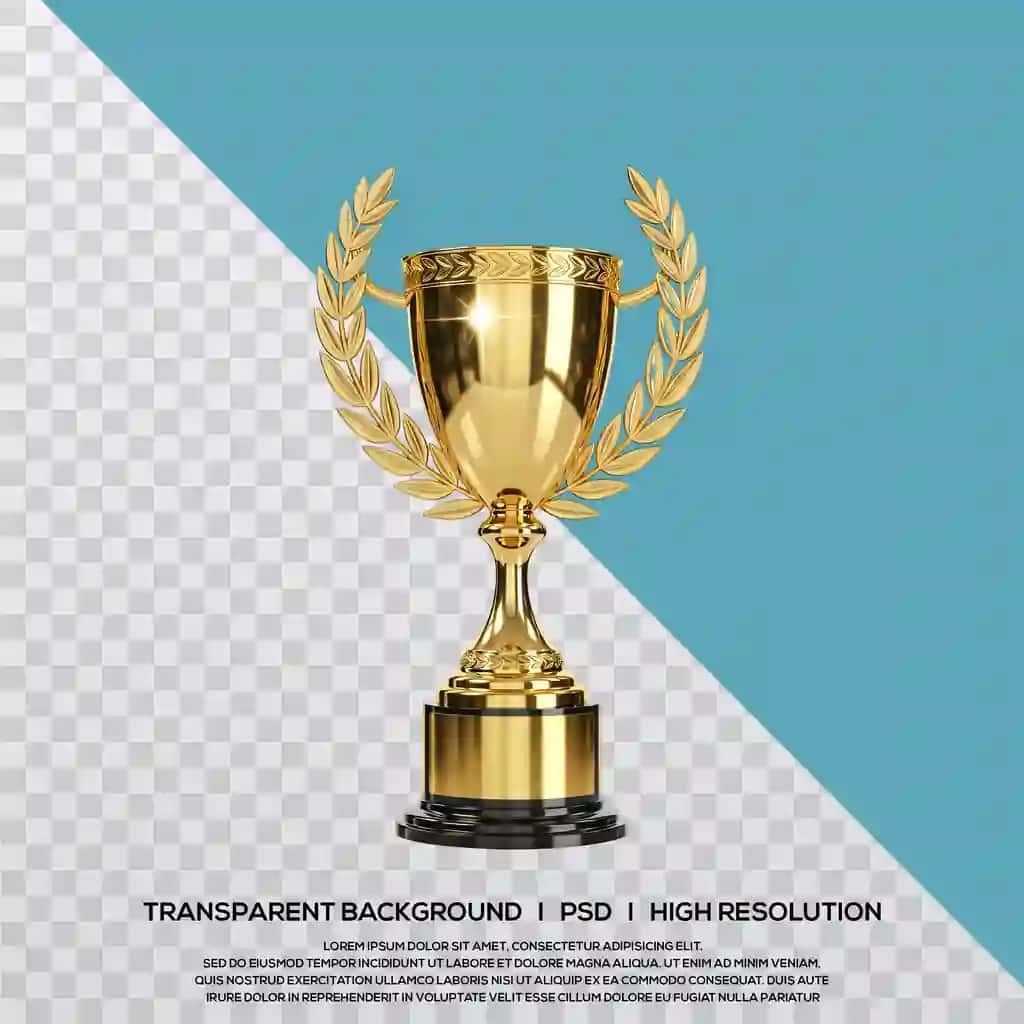 Oltin g'oliblar kubogi dafna gulchambari bilan 3D render | Golden winners trophy with laurel wreath 3d render