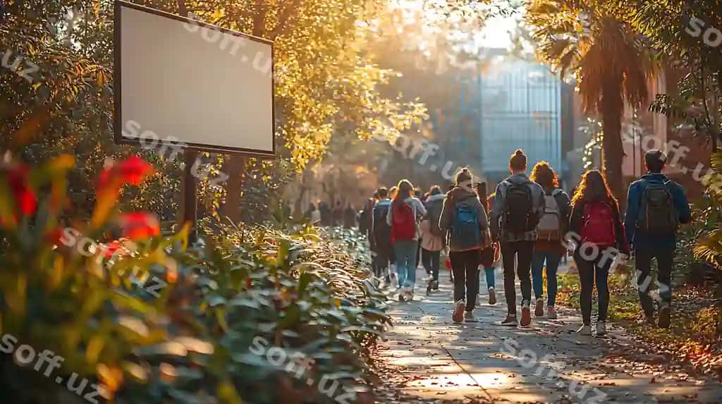 Oq bo'sh billboard tinch kollej kampusi, talabalar yurib mock up o'qiyotgan | White blank billboard quiet college campus with students walking reading mock up