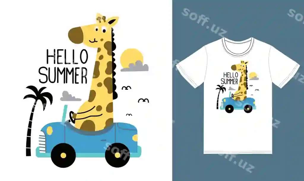 Chiroyli giraffa mashina haydovchi illustratsiyasi futbolka dizayni bilan premium | Cute giraffe driving car illustration with tshirt design premium