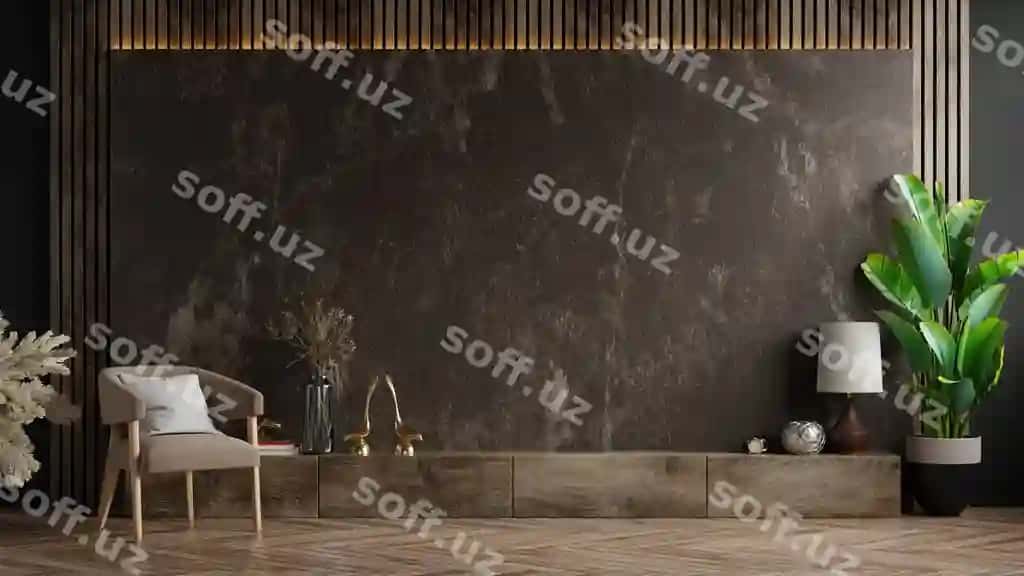 TV shkafi zamonaviy otish xonasi qo'l stul o'simlik qorong'i marmarli devor 3D rendering | Tv cabinet modern living room with armchair plant dark marble wall 3d rendering