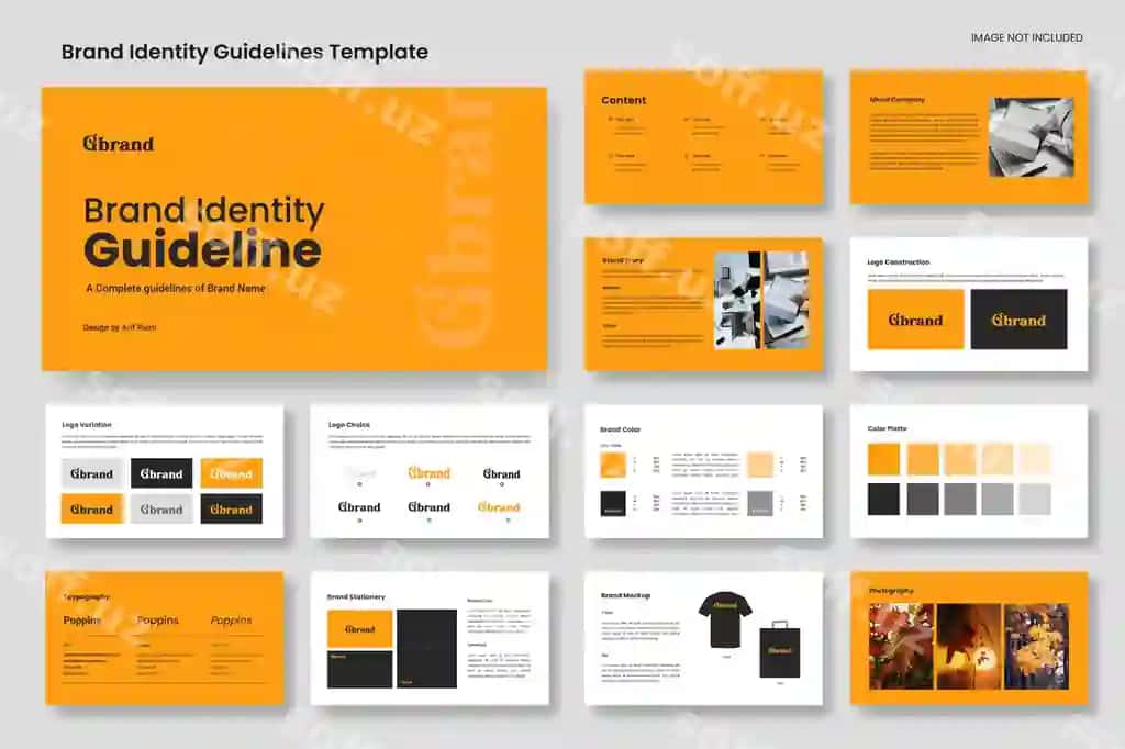 Sariq brend identifikatori koʻrsatmalari taqdimoti shablonining joylashuvi | Yellow brand identity guidelines presentation template layout
