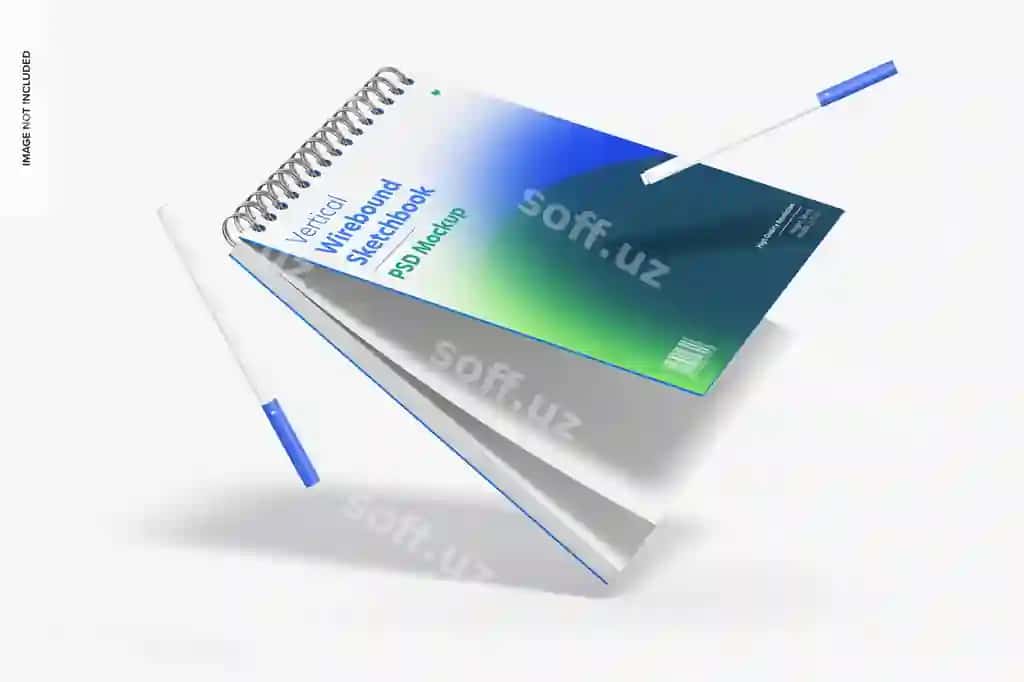 Vertikal sim bilan bog‘langan eskiz daftarining maketi tushmoqda | Vertical wirebound sketchbook mockup falling