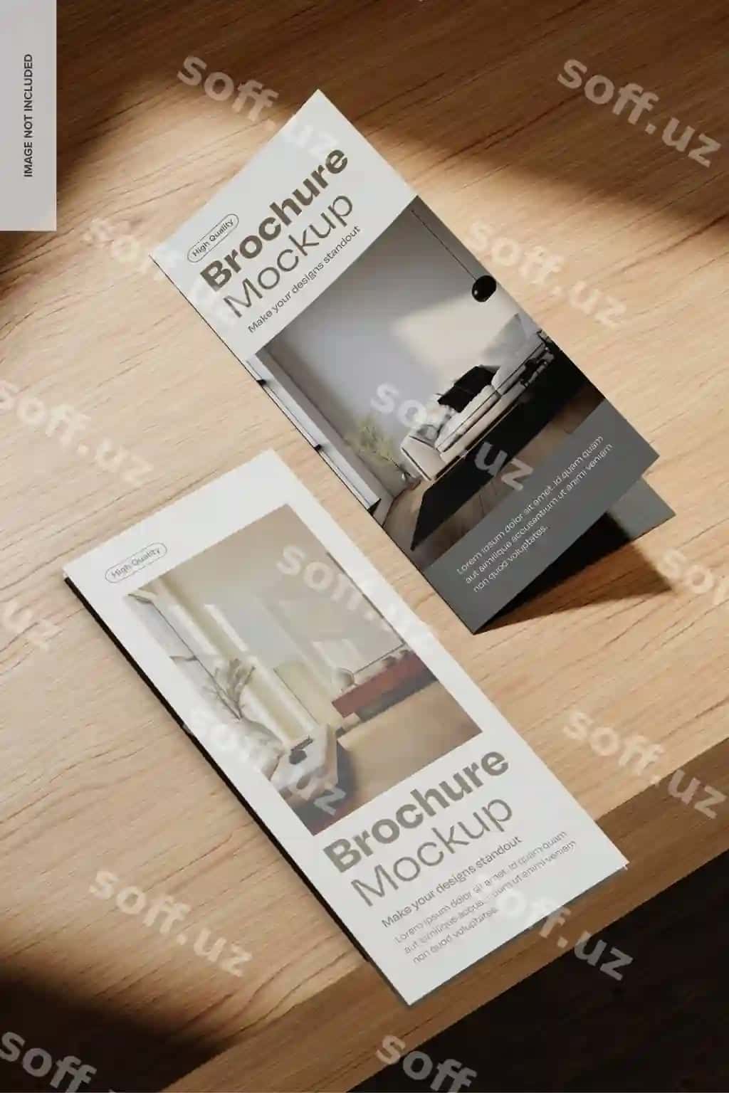 Broshyuralar yog'och stol namunasi chap ko'rinish | Brochures wooden table mockup left view