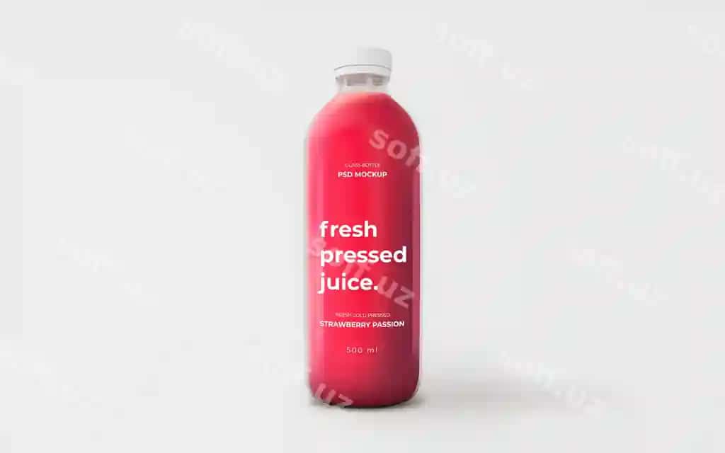 To'liq tahrirlanadigan qulupnay sharbati shisha butilka maketi | Fully editable strawberry juice glass bottle mockup