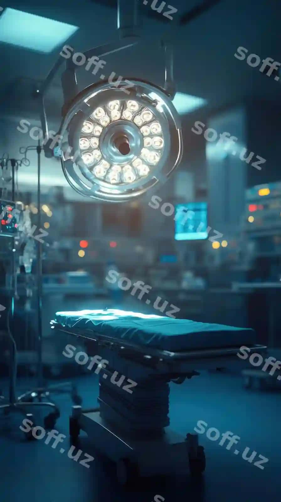 Jarrohlik chiroqi yorqin tibbiy nur sochayotgan bo'sh operatsiya xonasi | Empty operating room with surgical lamp shining brightly medical