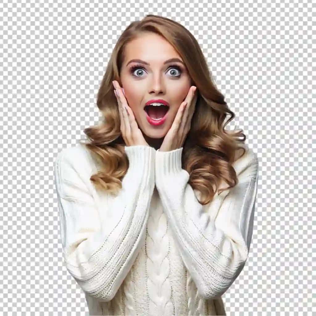Ajablanarlisi ayol oq sviter oq fon | Amazed woman white sweater white background