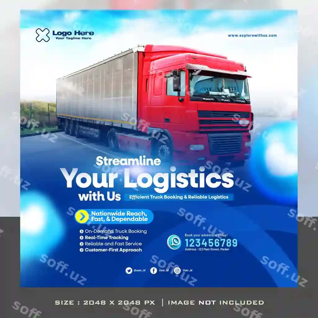 Yuk mashinalari uchun buyurtma logistika yetkazib berish xizmati plakati bannerli reklamalar | Truck booking logistics delivery service poster banner flyer ads
