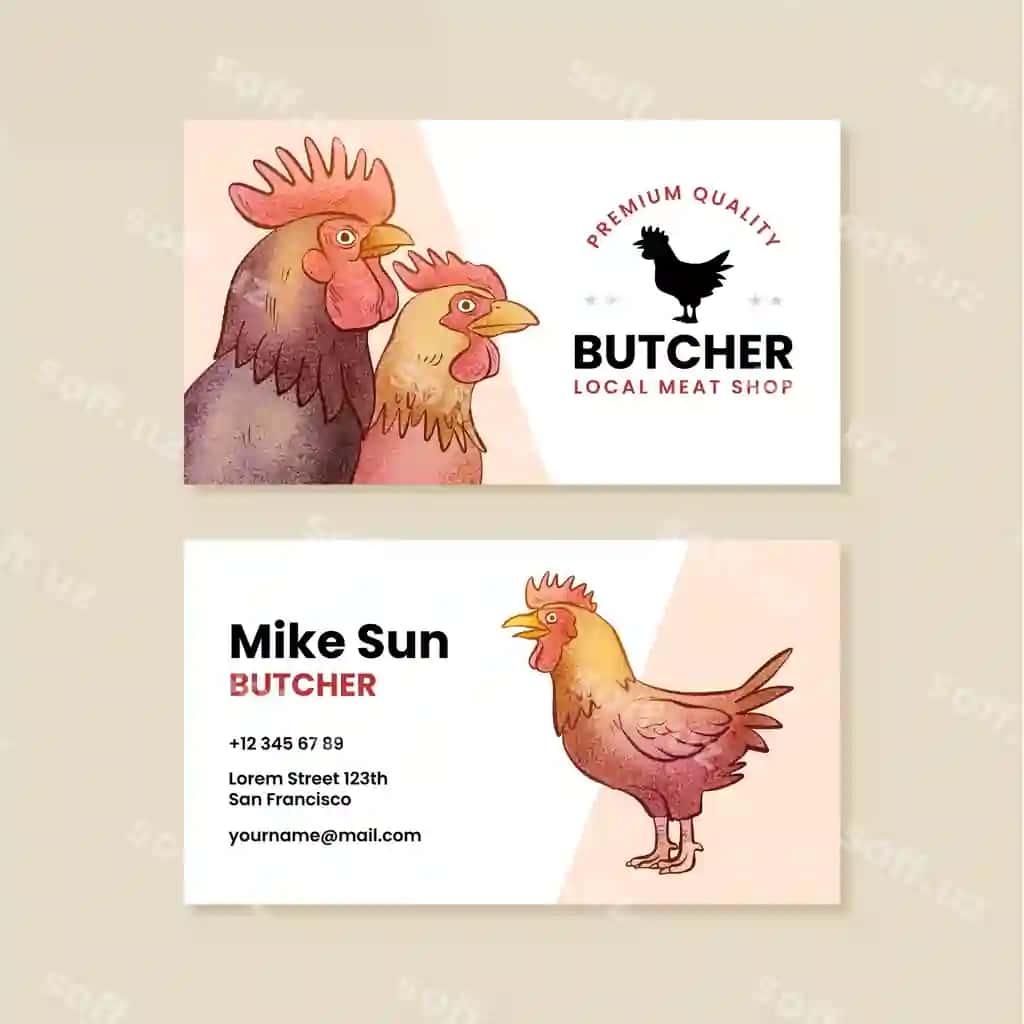 Qo'lda chizilgan qassob do'koni vizitkasi shabloni | Hand drawn butcher shop business card template