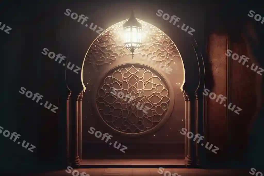 Jomeh ichidagi islam naqshli ichki eshik va oyna arab fonar bilan | Mosque inside islamic pattern interior door window with arabic lantern