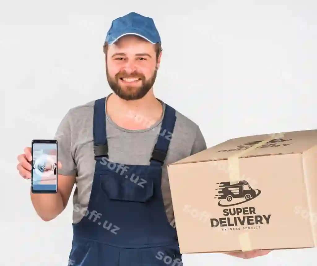 Yetkazib beruvchi akilli telefon namunasi tutgan Mehnat kuni | Delivery man holding smartphone mockup labor day