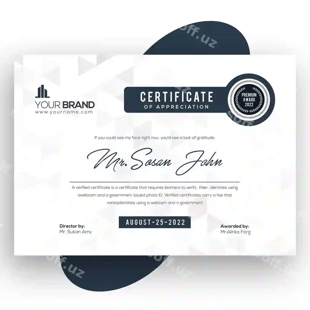 To'q ko'k kvadrat shakllar sertifikat dizayni shabloni | Dark blue square shapes certificate design template