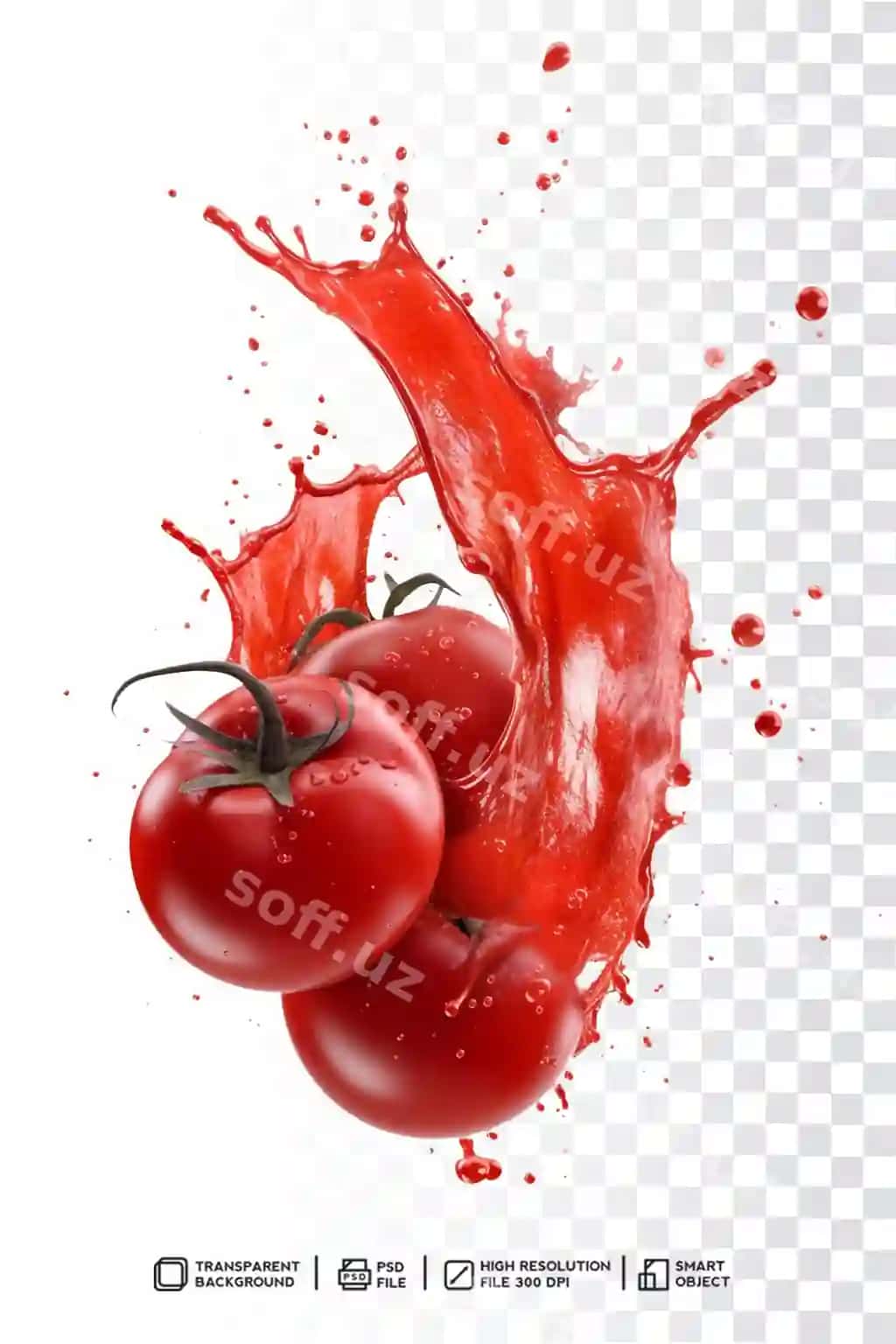 Pomidor shirinati shaffof orqa fonda suv splashi bilan | Tomato juice with splash liquid transparent background