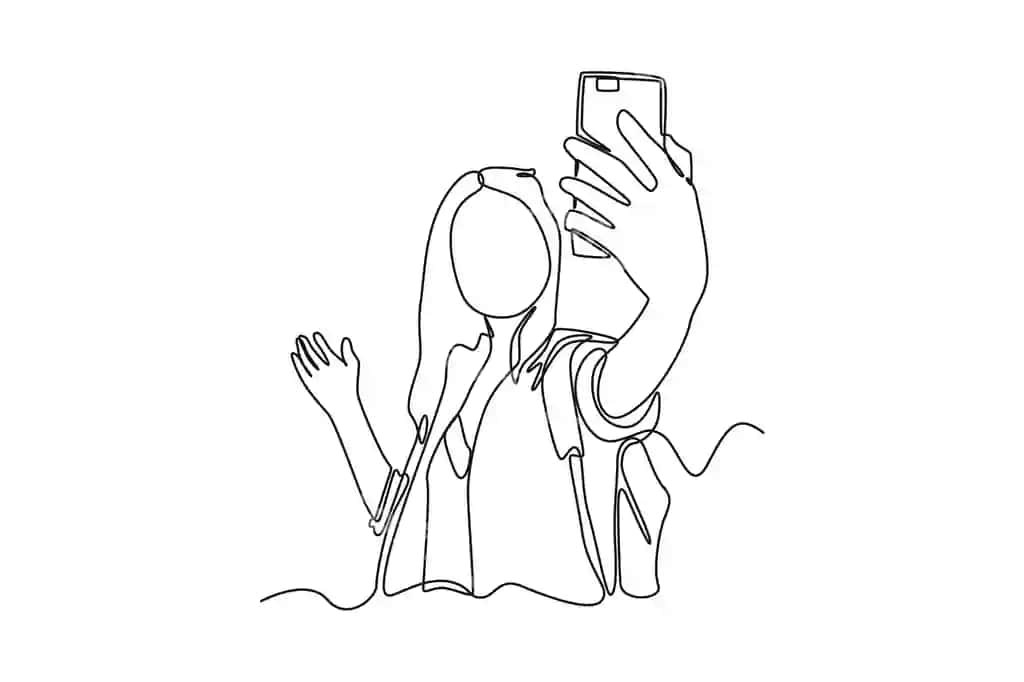 Yosh ayol sayohatchisining mobil telefonida selfiga tushayotgan bitta chiziqli rasm | Single one line drawing young woman backpacker taking selfies mobile