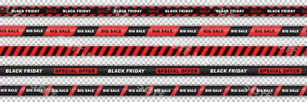 "Qora juma, cheksiz katta chegirma" yozuvi tushirilgan choksiz qizil realistik lentalar | Seamless red realistic ribbons with text big sale black friday endless