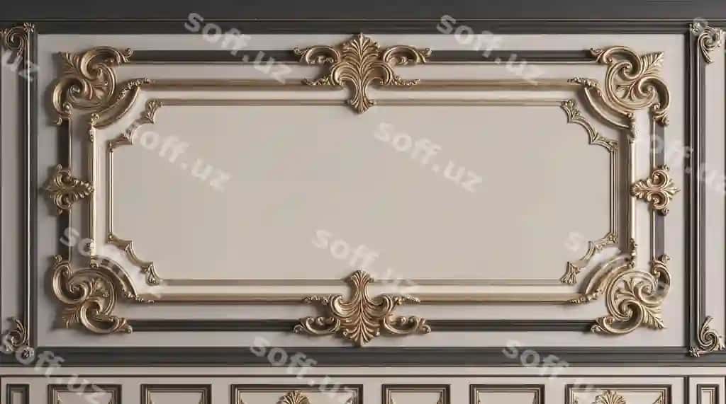 Oltin barg bilan bezatilgan devor panellari klassik tafsilotlarni aks ettiradi | Ornate wall paneling with gold leaf accents classical details