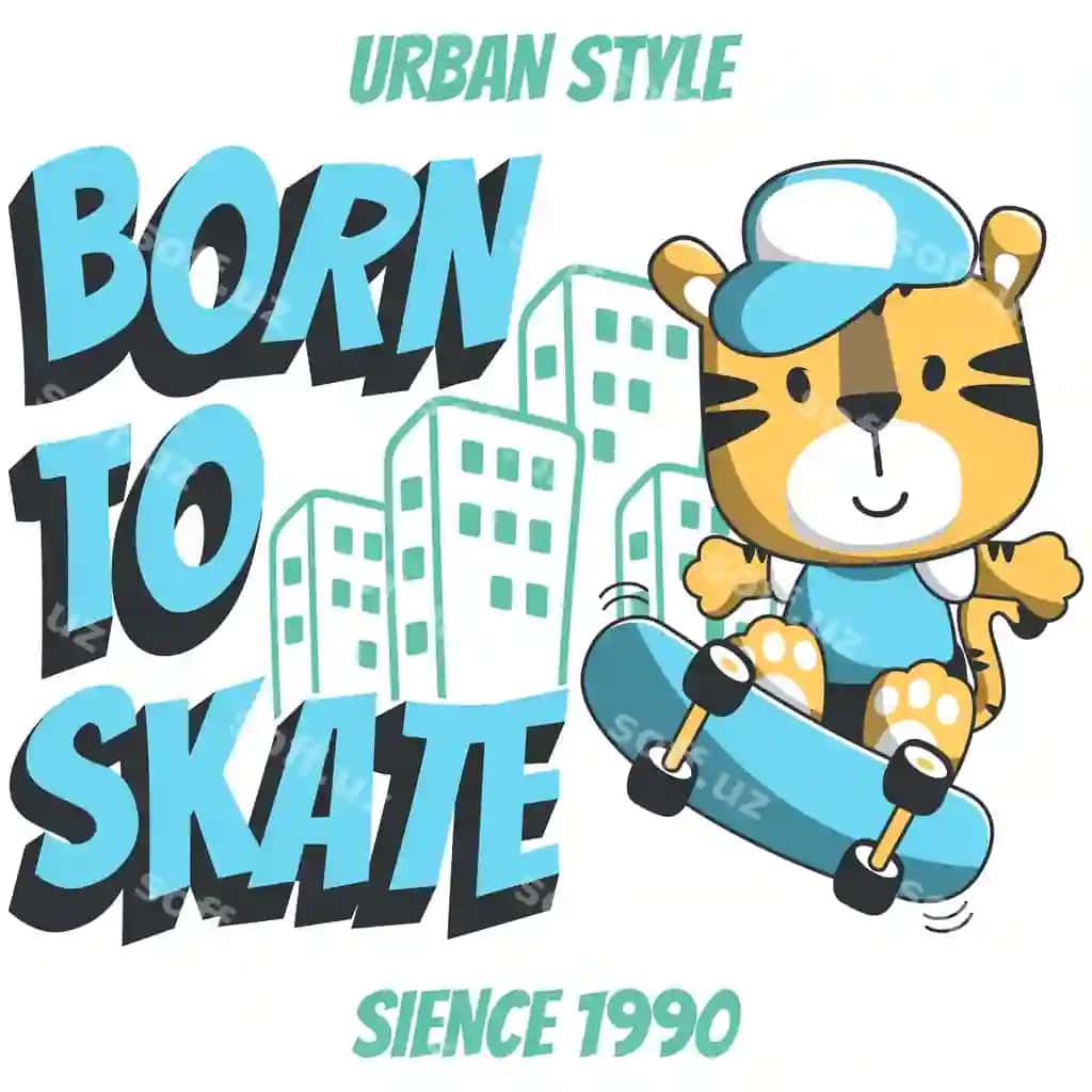 Yoqimli multfil'm qahramoni bengal kotasi skaytchik vektor bosma, yoqimli bengal kotasi bilan | Cute cartoon character tiger skater vector print with cute tiger