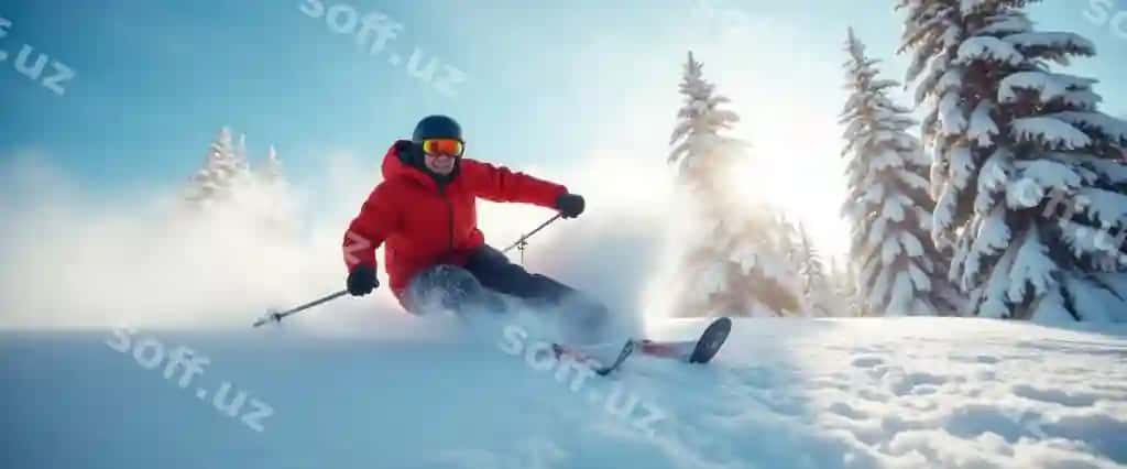 Skier tezlik bilan qorqoq to'g'ri silkitmoqda | Skier speeding down snowy mountain