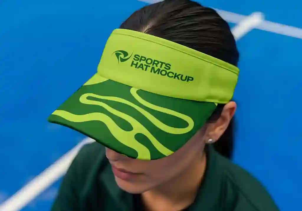 Moviy sportchi kortida kiyiladigan moslashtirilgan sport visor maketi | Customizable sports visor mockup worn by athlete blue court
