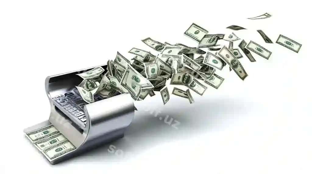 Kassa tog‘ilib ketayotgan, pul billlari uchib chiqayotgan | Cash register overflowing with money bills flying out