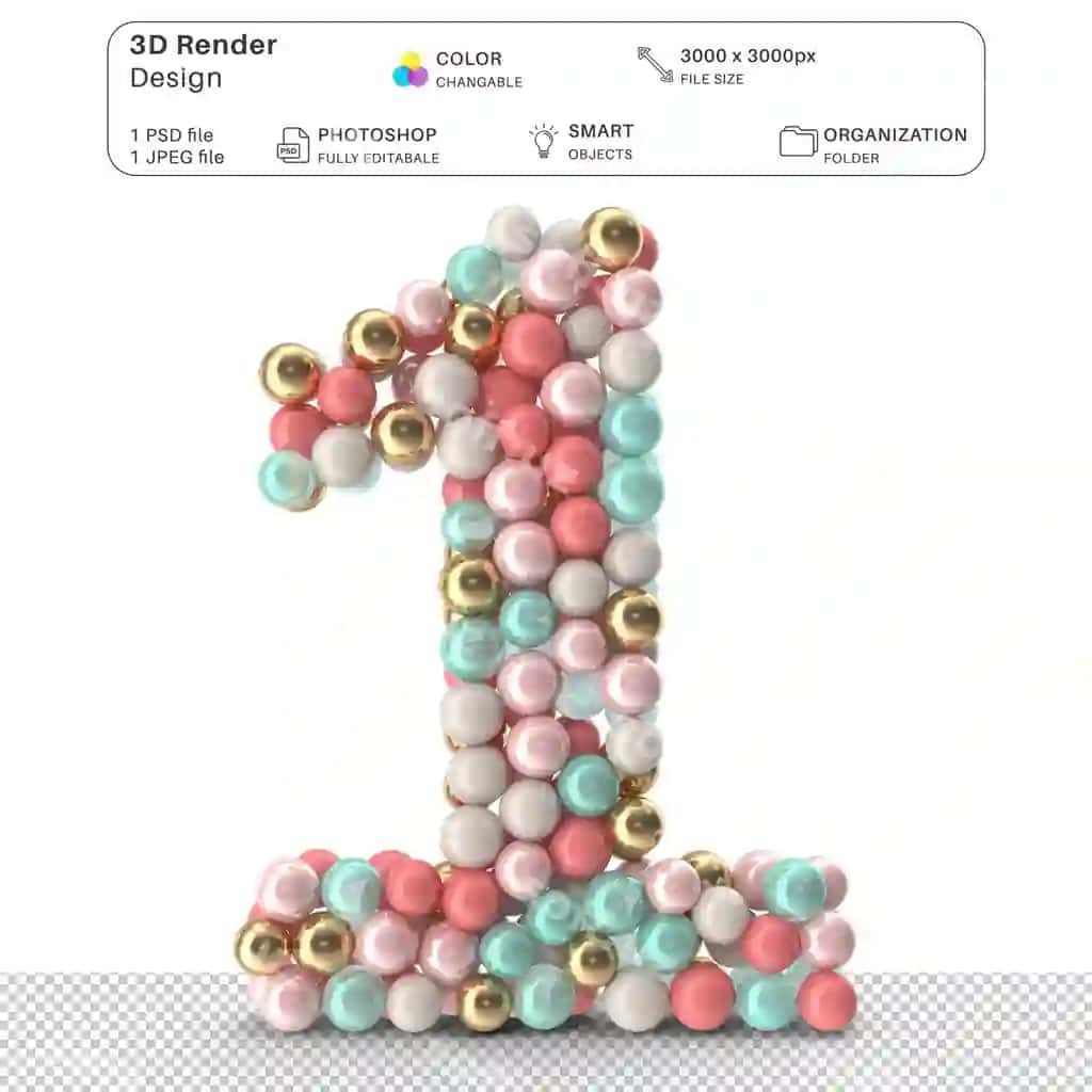 1-raqam 3D modelirovka PSD fayl realistik 1-raqam yaratilgan sharlar | Number 1 3d modeling psd file realistic number 1 made balls