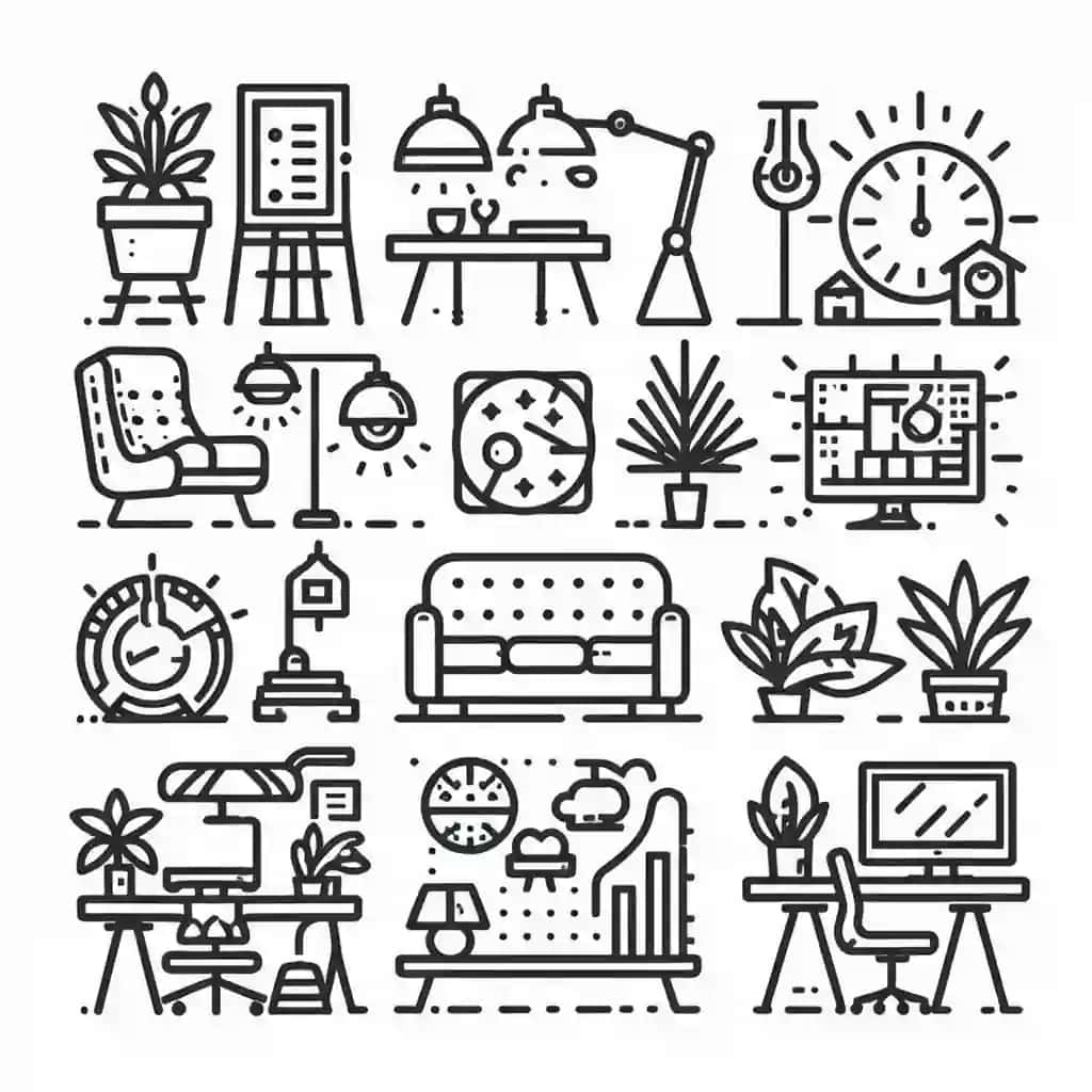 Ichki dizayn elementi kontur piktogramma to'plami 4 | Interior design element outline icon set 4