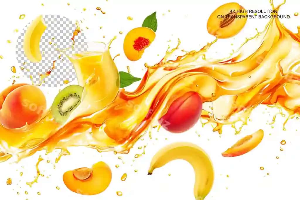 Aralash mevalar bilan shirin suv splavashi shaffof fon | Juice splash with mixed fruits transparent background 2