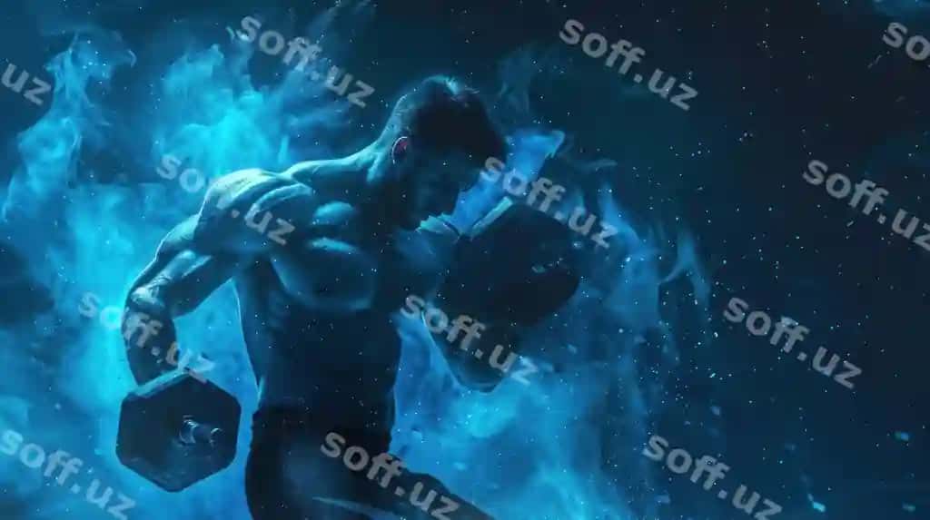 Muskulyoz erkak ko'k dym fonda og'irliklarni ko'tarayotgan | Muscular man lifting weights with blue smoke background