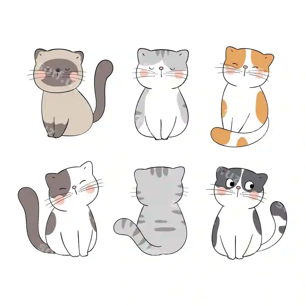 Chizing chiroyli oq mushuk doodle chizmalari karyakatur uslubida to'plami | Draw collection cute cat white doodle cartoon style