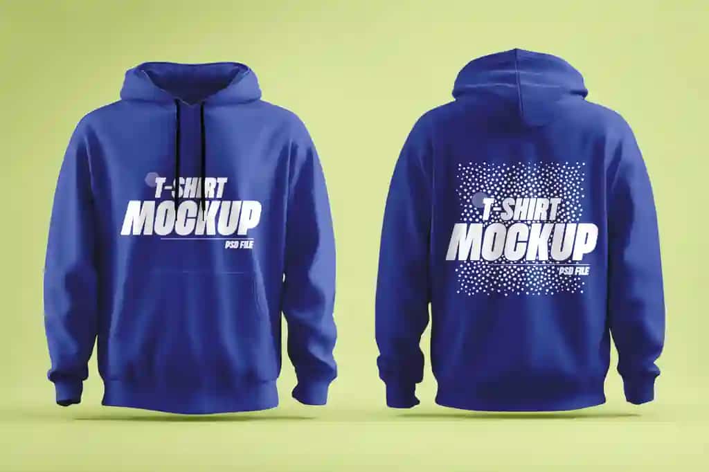 Moviy kapshonli maket old va orqa ko'rinish yashil fon qishki moda | Blue hoodie mockup front back view green background winter fashion