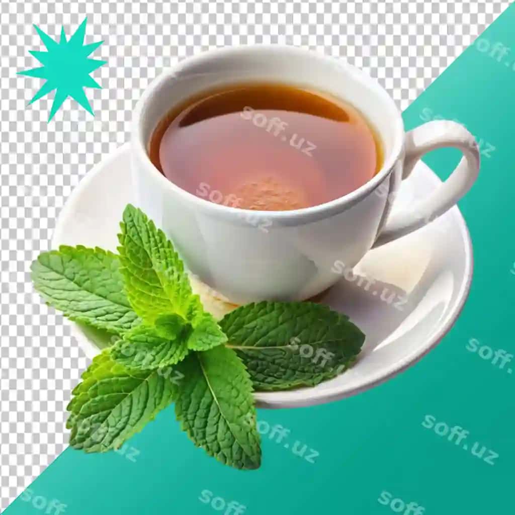 Yalpiz barglari shaffof fon bilan choy tarkibi | Tea composition with mint leaf transparent background