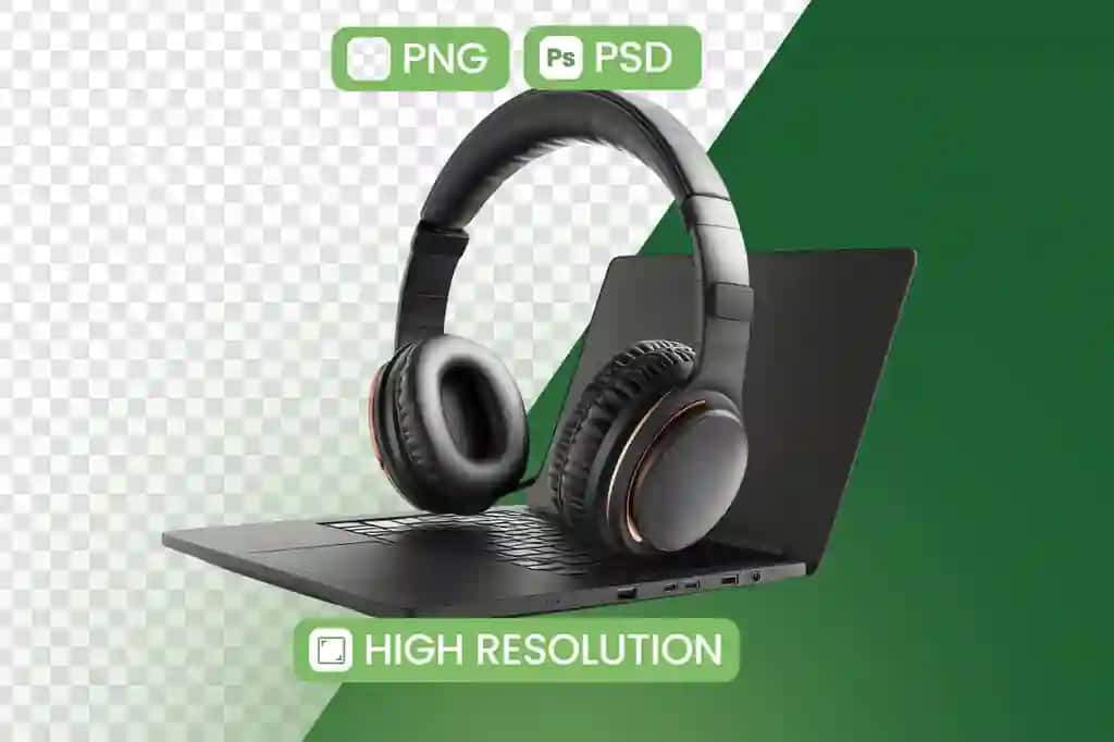 Noutbuk uchun naushniklar texnologiya bilan zamonaviy ish joyini yaratadi | Headphones rest laptop creating modern workspace with technology