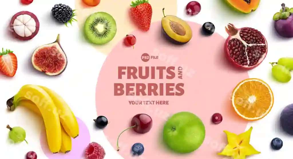 Mevalar va boshqa mevalar ramkasi yuqori ko'rinishda tekis joylashgan | Frame made fruits berries top view flat lay