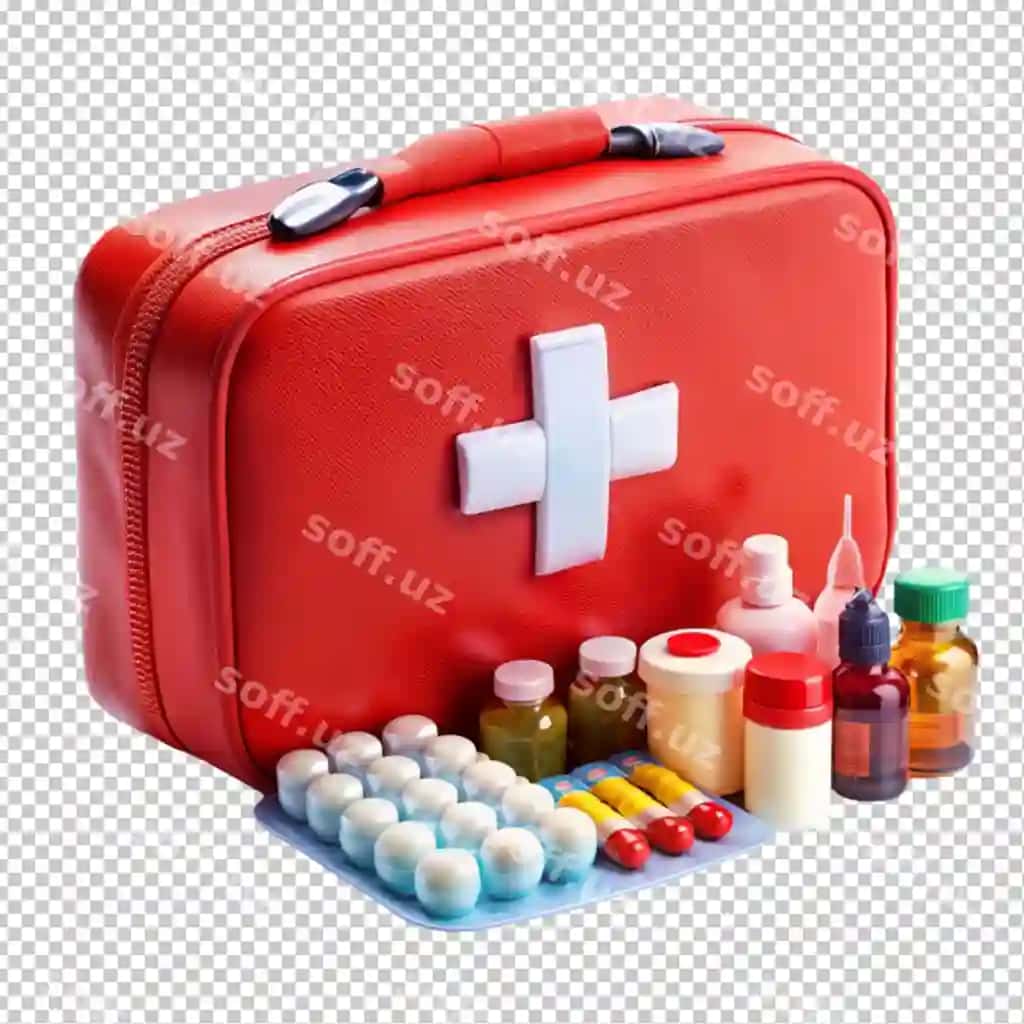 Qizil birinchi yordam jadvari, tibbiy kirishlar va shaffof fonda | Red first aid kit with medical supplies including transparent background