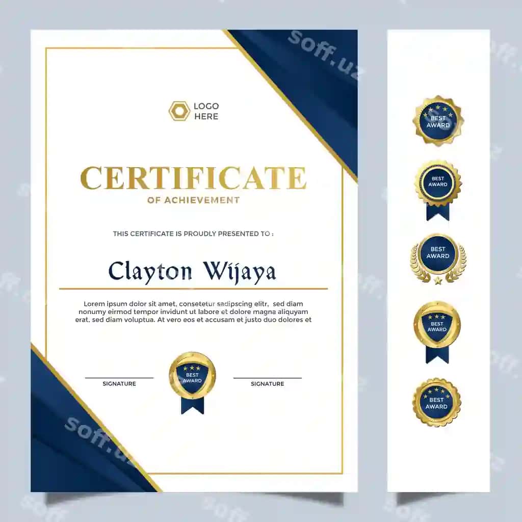 Zamonaviy oddiy sertifikat dizayni shabloni ko'k oltin hashamatli rang | Modern simple certificate design template blue golden luxury colour