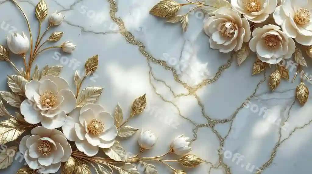 Oltin rangli marmar bezaklar bilan bezatilgan nafis gulli bezak | Elegant floral arrangement with gold accents marble