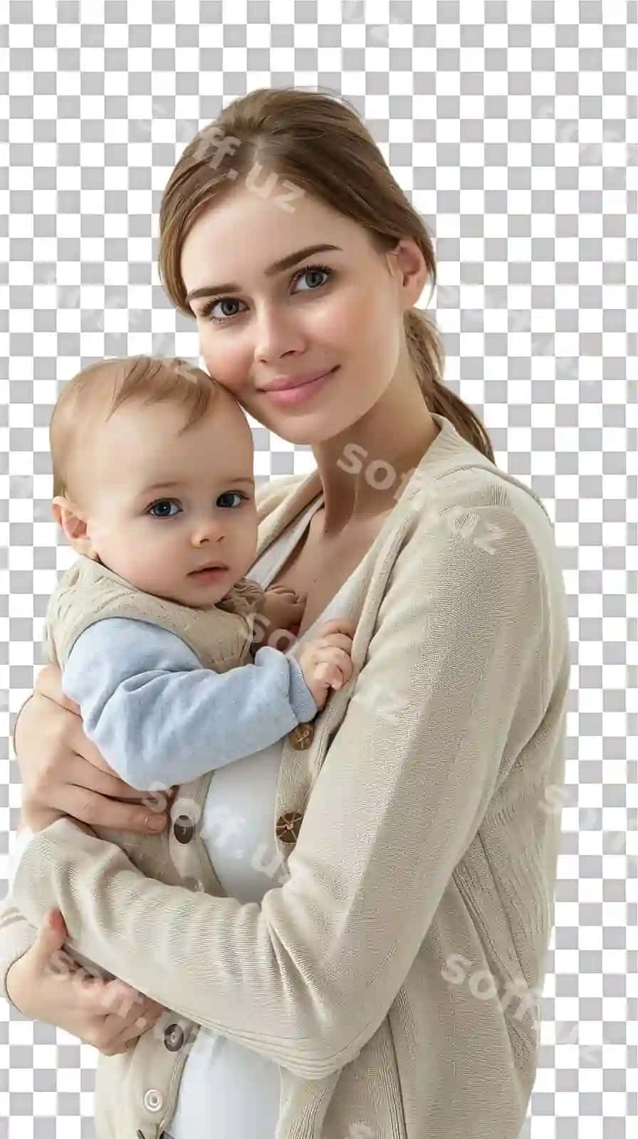 Shaffof fonda yolg'iz chaqaloq bilan mehribon ona | Loving mother with baby alone against transparent background