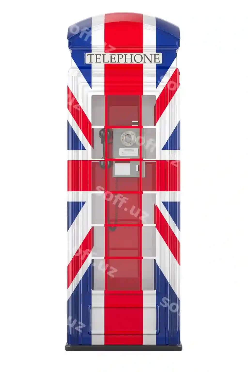 Telefon qutisi Britaniya bayrog'i bilan 3D render ajraltirilgan shaffof | Telephone box with british flag 3d rendering isolated transparent