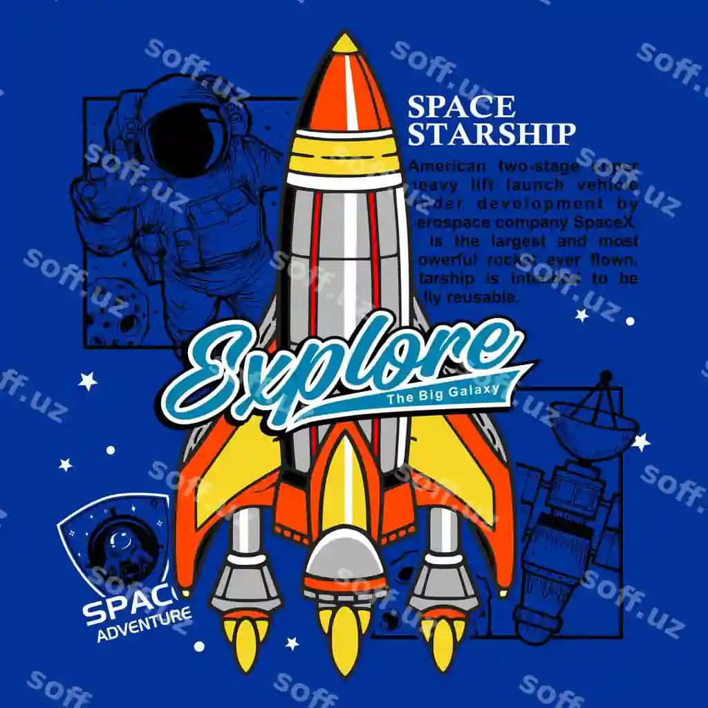 Kosmik kema tasvirlangan ko'k plakat | Blue poster with space shuttle it
