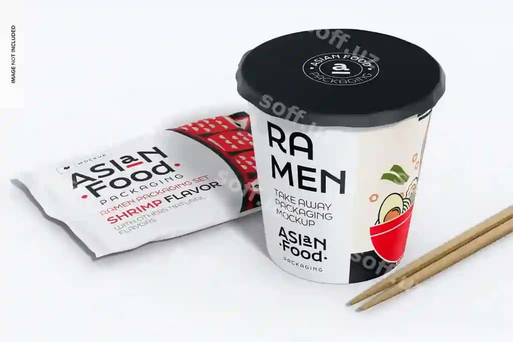 Ramen qadoqlash to'plami maket istiqboli | Ramen packaging set mockup perspective