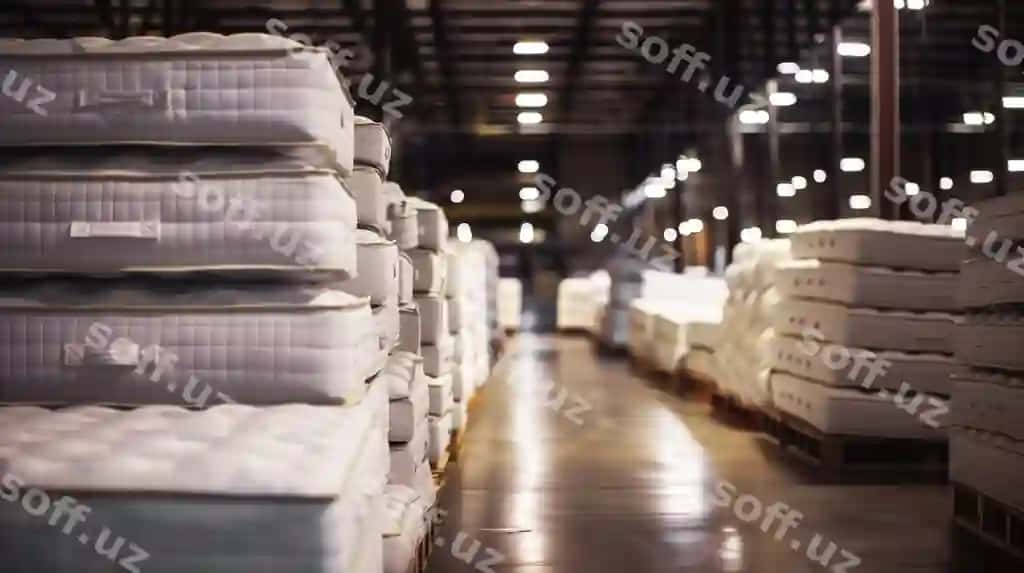Katta ombar sanoat yoritish bilan aks etuvchi qatlamga qator-qato bosilgan matraslar joylangan | Rows stacked mattresses large warehouse with industrial lighting reflective floor