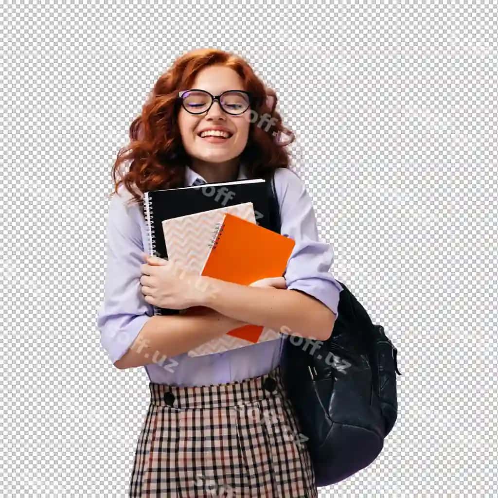 Jingalak qiz ko'zoynagi daftarning binafsha devorini ushlab turadi | Curly girl eyeglasses holds notebooks purple wall