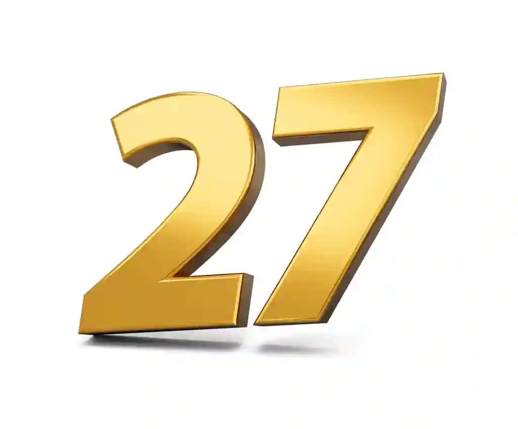 Oltin raqami 27 yigirma ettita izolyatsiyalangan oq fon yorqin 3D raqami 27 oltindan yasalgan 3D rasm | Gold number 27 twenty seven isolated white background shiny 3d number 27 made gold 3d illustration