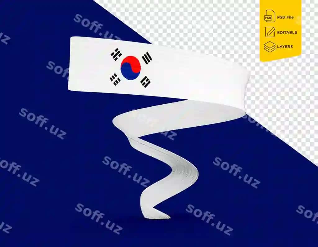 Janubiy Koreya bayrog'i, chimilgan shinovar Janubiy Koreya lentasi, ajraltirilgan ko'k fon | Flag south korea wavy shiny south korea ribbon isolated blue background